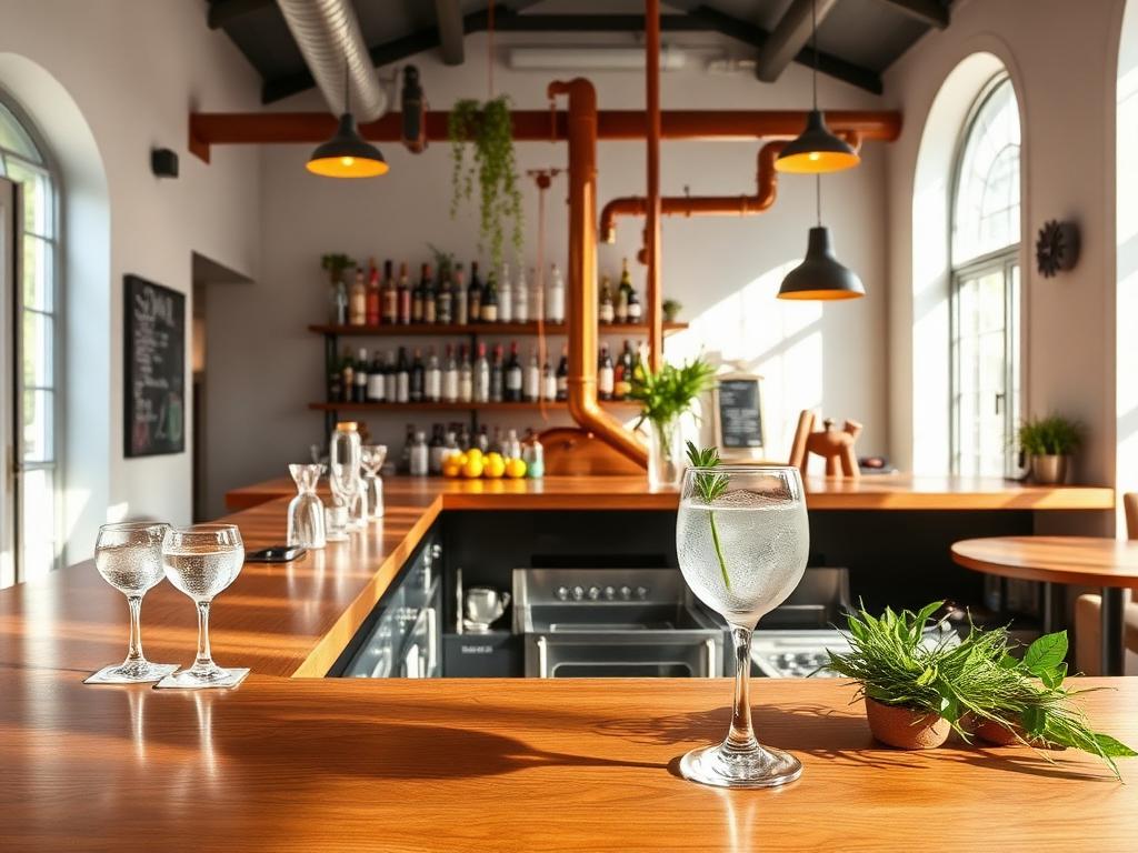 Bright Scandinavian distillery tasting bar with botanicals and glassware