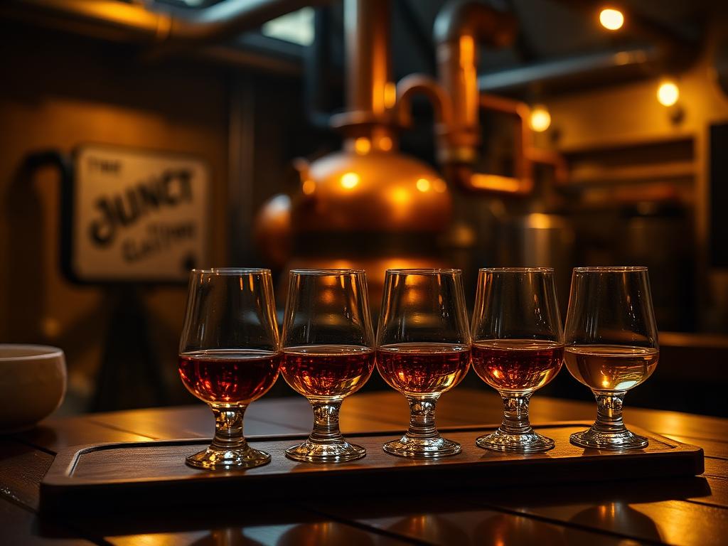 A flight of whisky glasses on a wooden board in a distillery tasting room