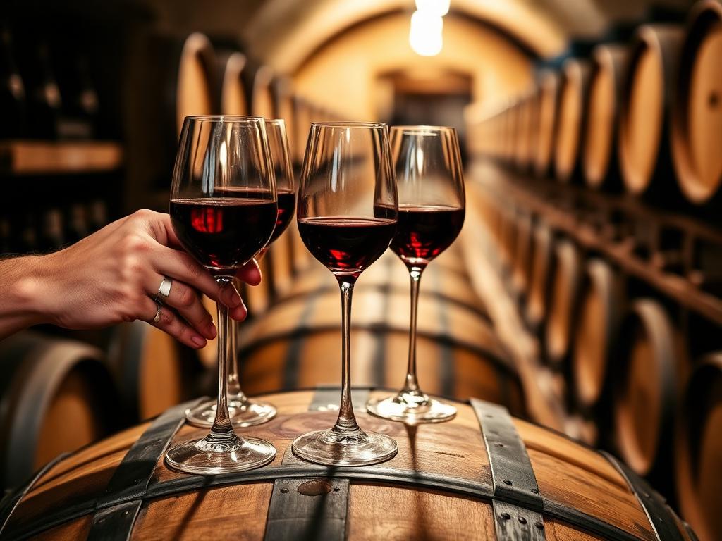 Glasses of red wine resting on a barrel in a European cellar